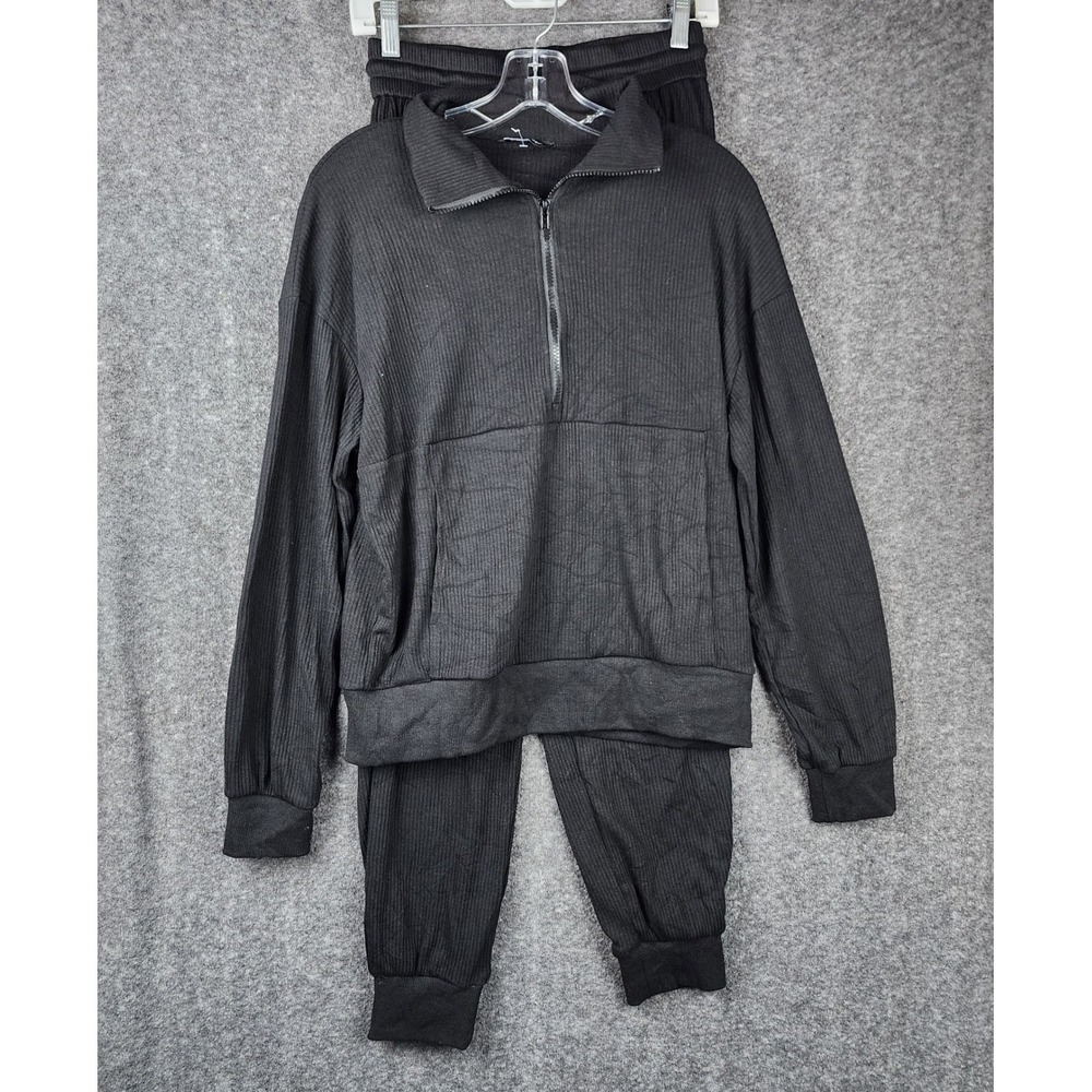 PrettyGarden Sweatsuit Set Women S Black Ribbed Quarter Zip Joggers 2 Piece
